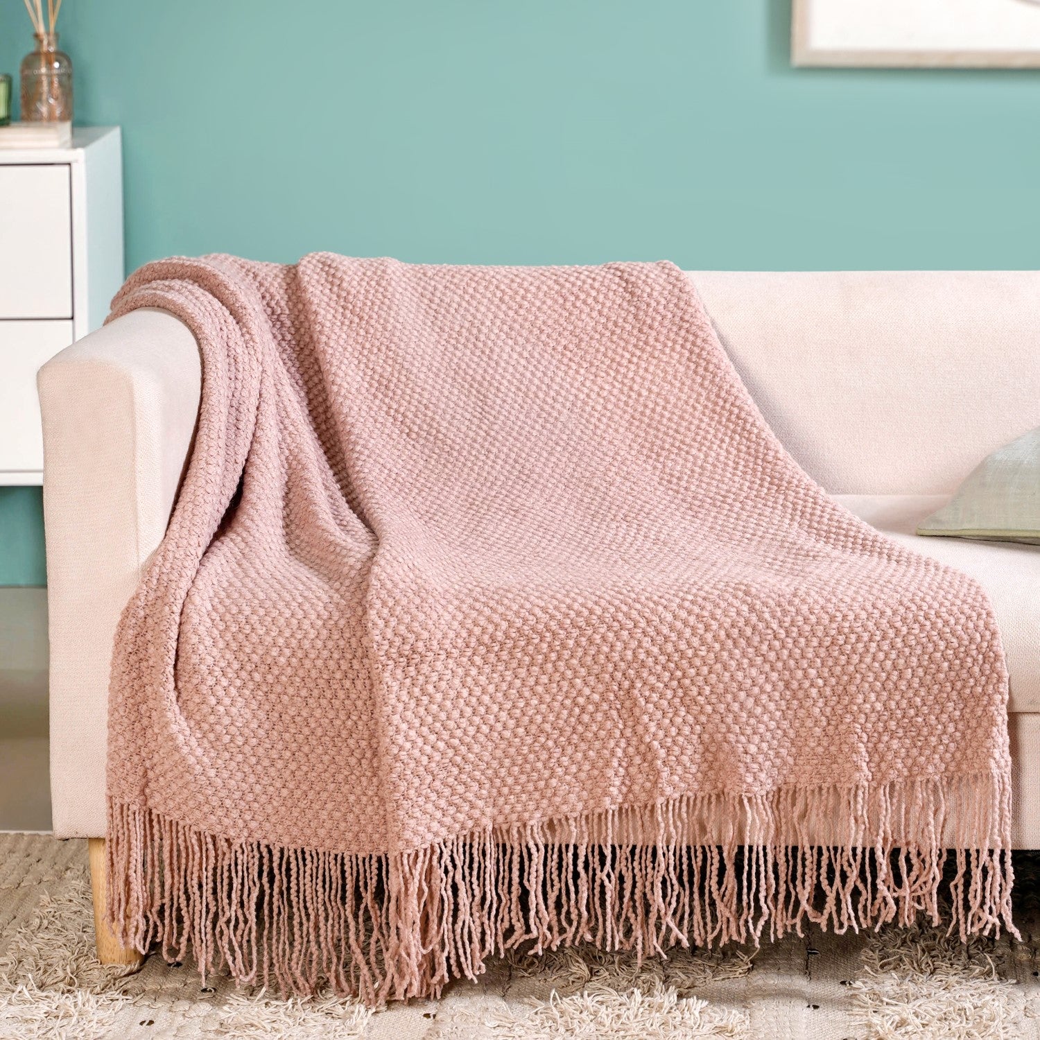 Dusty Pink Throw Knitted With Basket Weave
