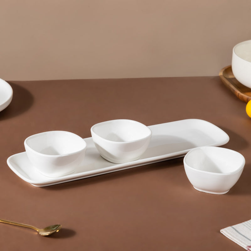Serena Pearly White Dip Bowl Set Of 3 with Tray - Bowl, ceramic bowl, dip bowls, chutney bowl, dip bowls ceramic | Bowls for dining table & home decor 