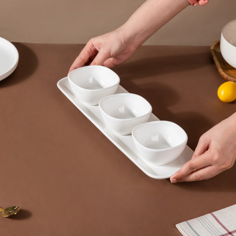 Serena Pearly White Dip Bowl Set Of 3 with Tray - Bowl, ceramic bowl, dip bowls, chutney bowl, dip bowls ceramic | Bowls for dining table & home decor 