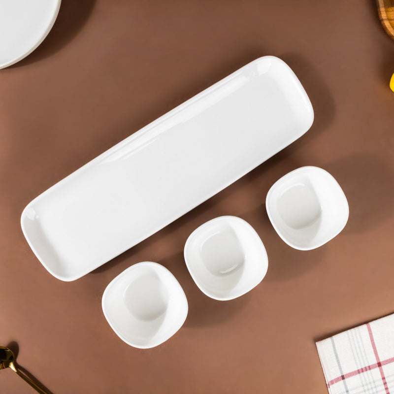 Serena Pearly White Dip Bowl Set Of 3 with Tray - Bowl, ceramic bowl, dip bowls, chutney bowl, dip bowls ceramic | Bowls for dining table & home decor 