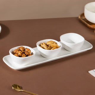 Serena Pearly White Dip Bowl Set Of 3 with Tray