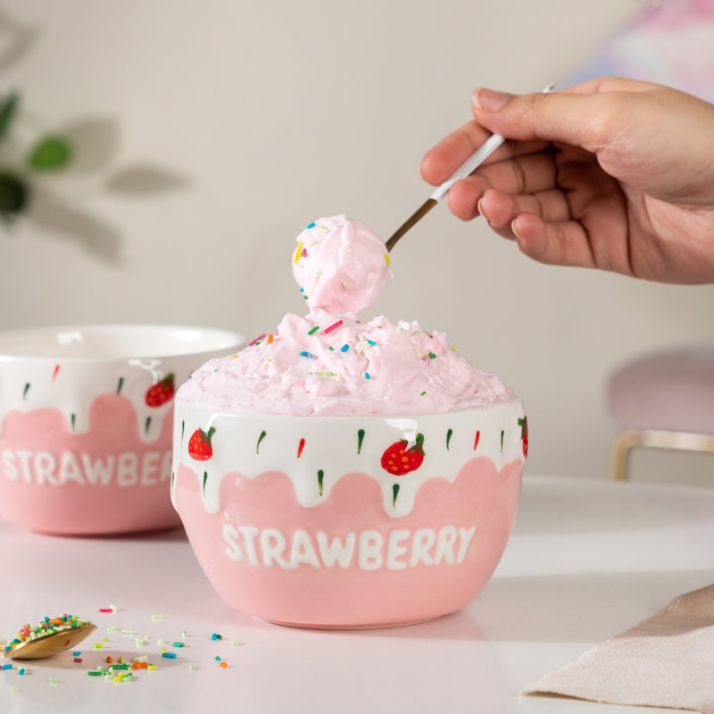 Light Pink Strawberry Side Bowl Set Of 2 400 ml - Bowl,ceramic bowl, snack bowls, curry bowl, popcorn bowls | Bowls for dining table & home decor