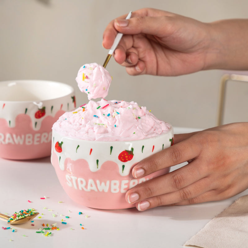 Light Pink Strawberry Side Bowl Set Of 2 400 ml - Bowl,ceramic bowl, snack bowls, curry bowl, popcorn bowls | Bowls for dining table & home decor