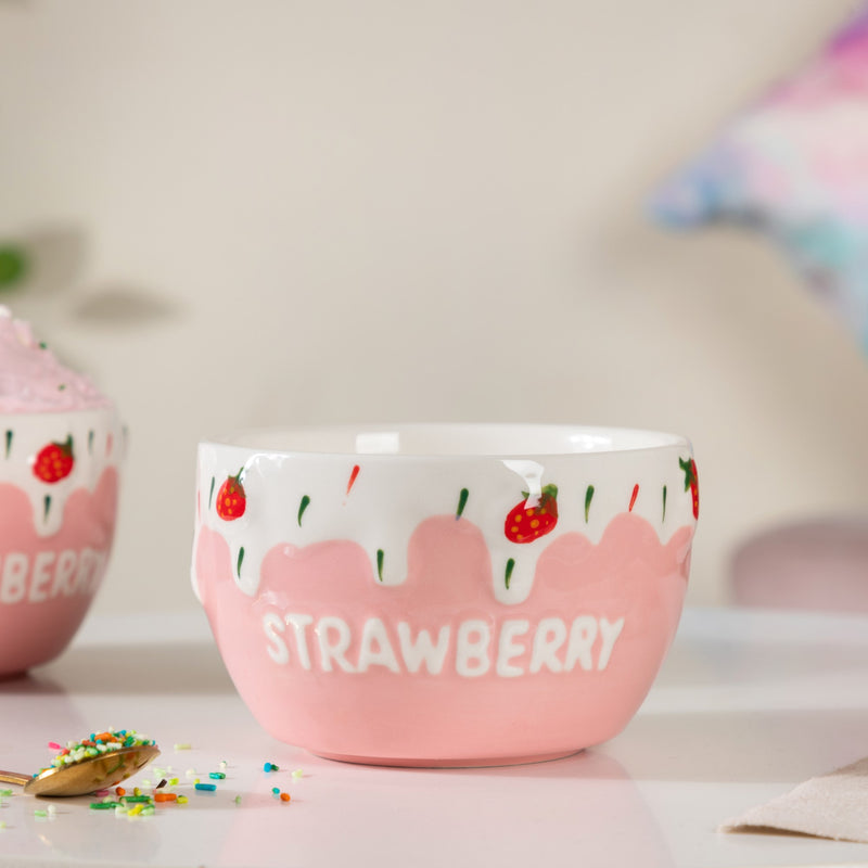 Light Pink Strawberry Side Bowl Set Of 2 400 ml - Bowl,ceramic bowl, snack bowls, curry bowl, popcorn bowls | Bowls for dining table & home decor