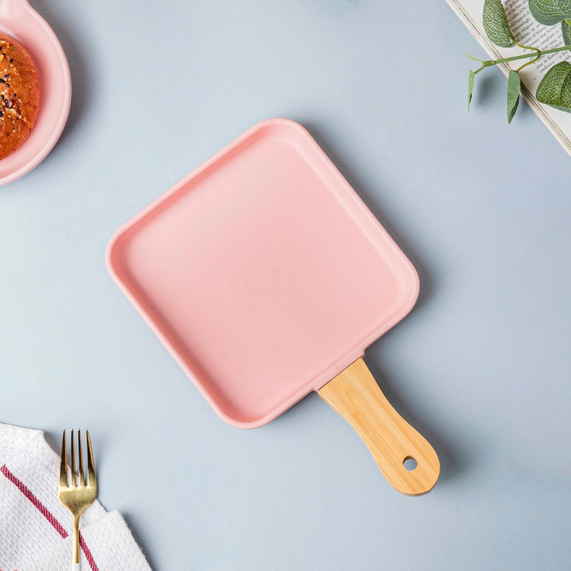 Square Plate With Wooden Handle - Ceramic platter, serving platter, fruit platter | Plates for dining table & home decor