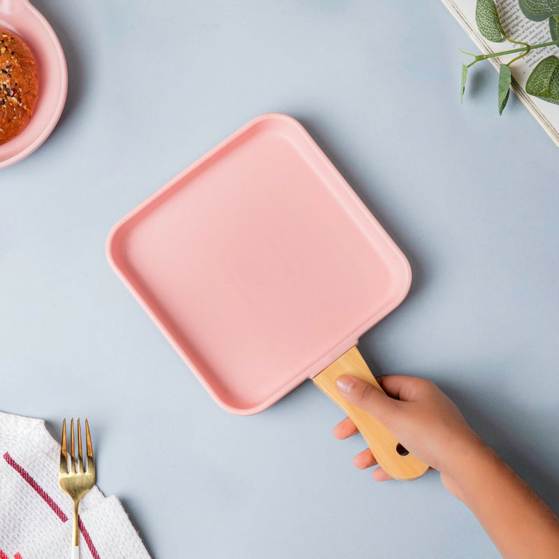 Square Plate With Wooden Handle - Ceramic platter, serving platter, fruit platter | Plates for dining table & home decor