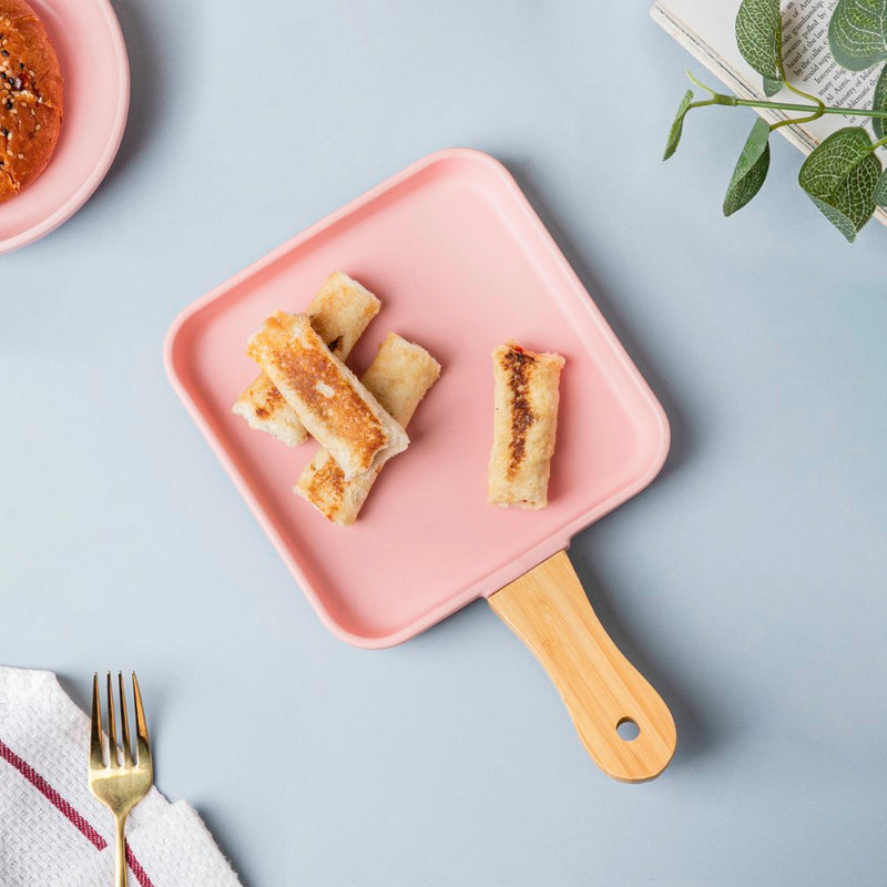Square Plate With Wooden Handle - Ceramic platter, serving platter, fruit platter | Plates for dining table & home decor