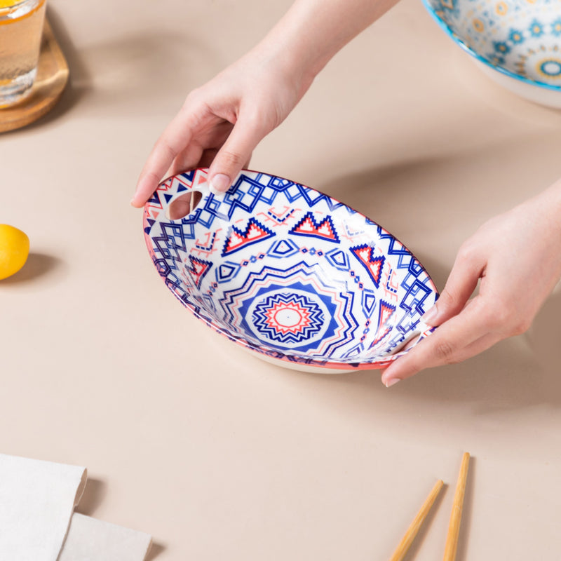 Mandala Ceramic Multicolor Baking Bowl With Handle - Bowl, ceramic bowl, serving bowls, noodle bowl, salad bowls, bowl for snacks, baking bowls, large serving bowl, bowl with handle | Bowls for dining table & home decor