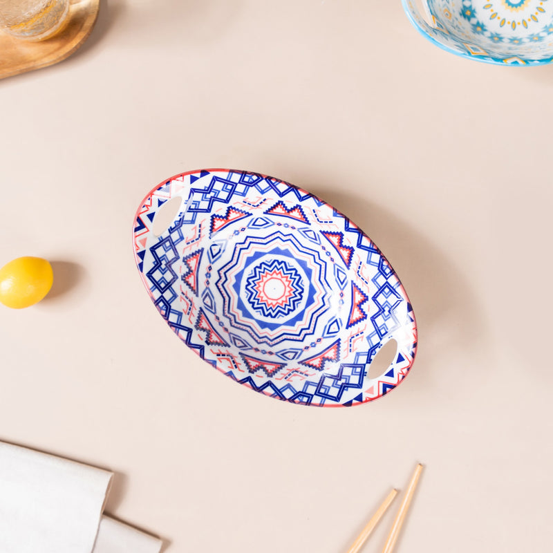 Mandala Ceramic Multicolor Baking Bowl With Handle - Bowl, ceramic bowl, serving bowls, noodle bowl, salad bowls, bowl for snacks, baking bowls, large serving bowl, bowl with handle | Bowls for dining table & home decor