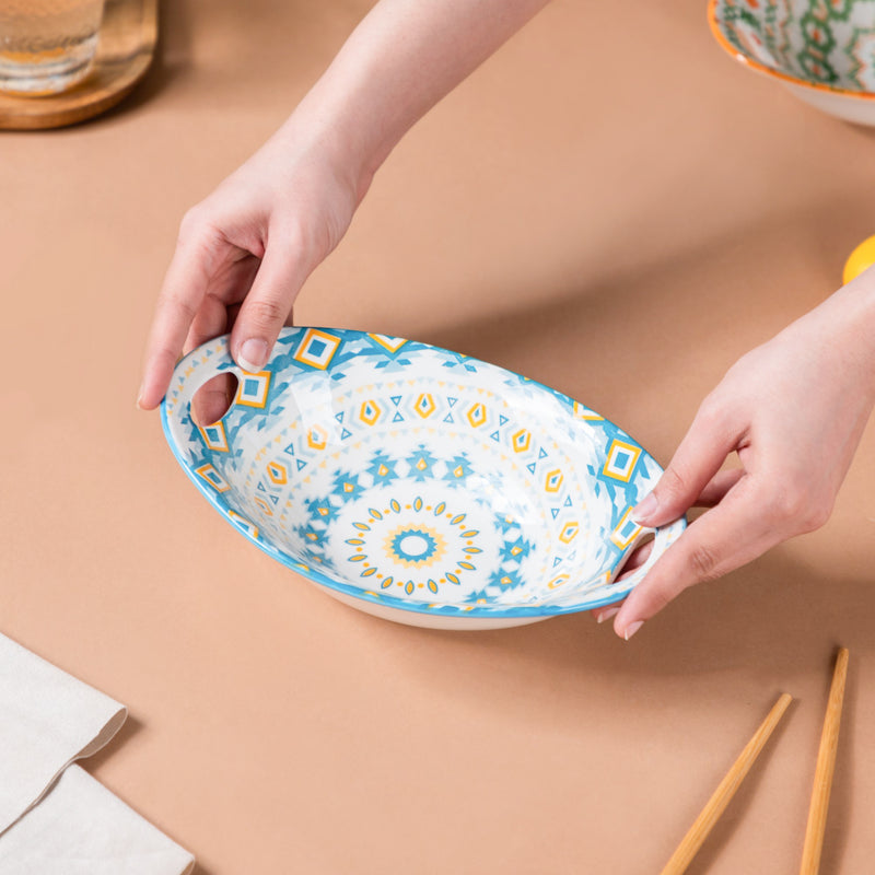Mandala Ceramic Bakeware With Handle - Bowl, ceramic bowl, serving bowls, noodle bowl, salad bowls, bowl for snacks, baking bowls, large serving bowl, bowl with handle | Bowls for dining table & home decor