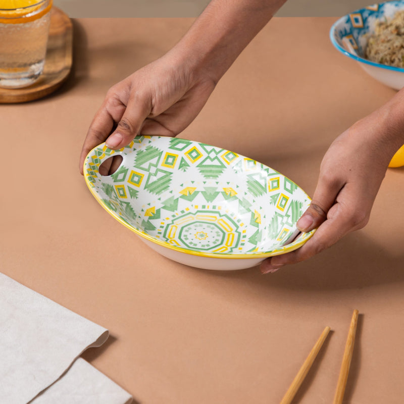 Mandala Diamond Baking Dish With Handle Green - Bowl, ceramic bowl, serving bowls, noodle bowl, salad bowls, bowl for snacks, baking bowls, large serving bowl, bowl with handle | Bowls for dining table & home decor