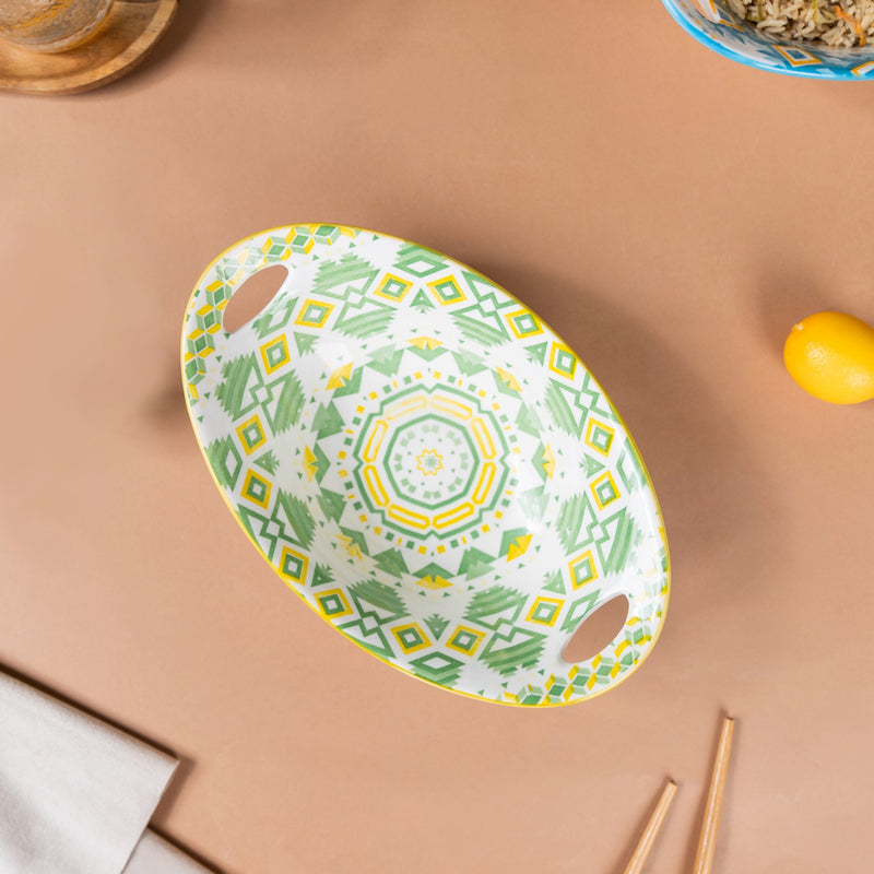 Mandala Diamond Baking Dish With Handle Green - Bowl, ceramic bowl, serving bowls, noodle bowl, salad bowls, bowl for snacks, baking bowls, large serving bowl, bowl with handle | Bowls for dining table & home decor