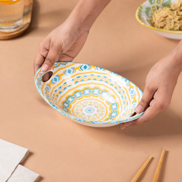 Mandala Ceramic Abstract Baking Bowl With Handle - Bowl, ceramic bowl, serving bowls, noodle bowl, salad bowls, bowl for snacks, baking bowls, large serving bowl, bowl with handle | Bowls for dining table & home decor