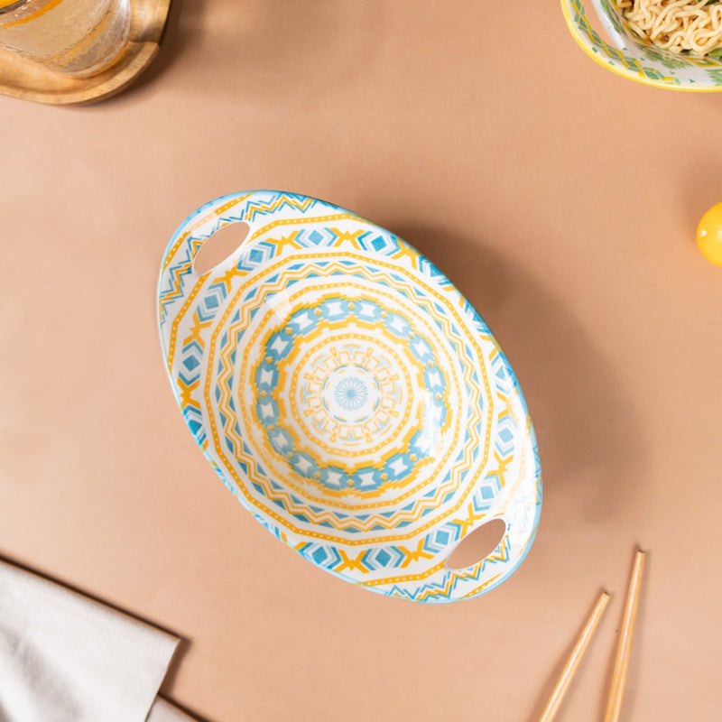 Mandala Ceramic Abstract Baking Bowl With Handle - Bowl, ceramic bowl, serving bowls, noodle bowl, salad bowls, bowl for snacks, baking bowls, large serving bowl, bowl with handle | Bowls for dining table & home decor