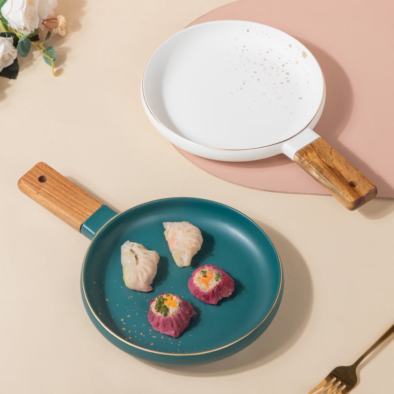 CARA Plate With Wooden Handle - Ceramic platter, serving platter, fruit platter | Plates for dining table & home decor