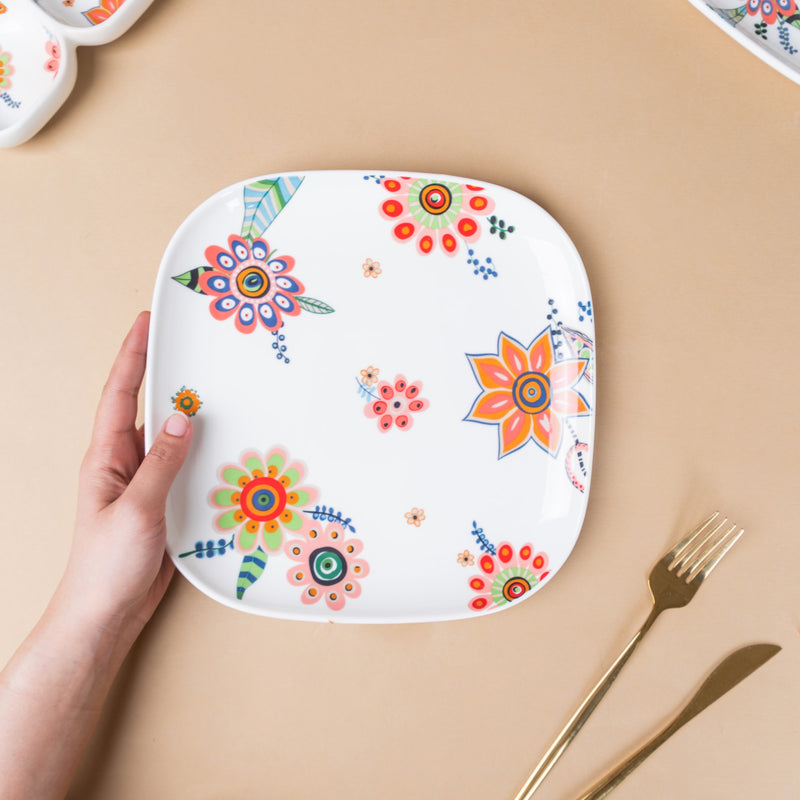 Square Dinner Plate Floral - Serving plate, rice plate, ceramic dinner plates| Plates for dining table & home decor
