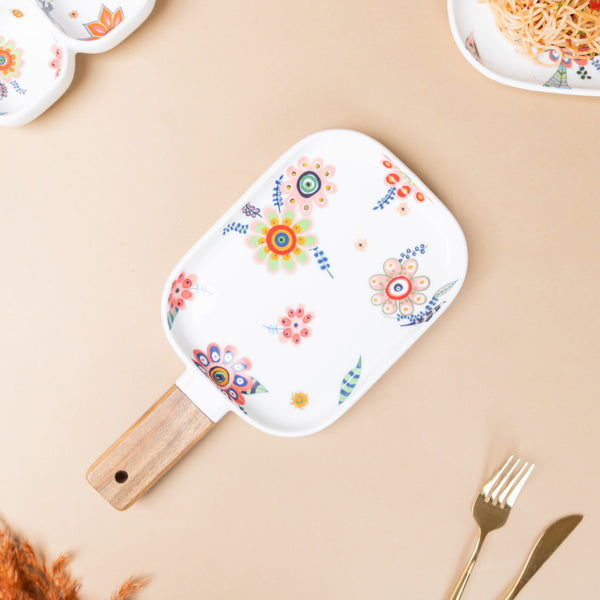 Rectangle Floral Plate with Handle - Ceramic platter, serving platter, fruit platter | Plates for dining table & home decor
