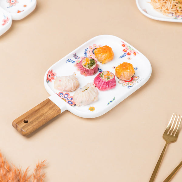 Rectangle Floral Plate with Handle - Ceramic platter, serving platter, fruit platter | Plates for dining table & home decor