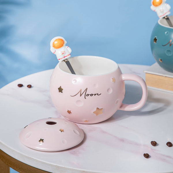 Astronaut Starry Mug With Lid And Spoon Pink 350 ml