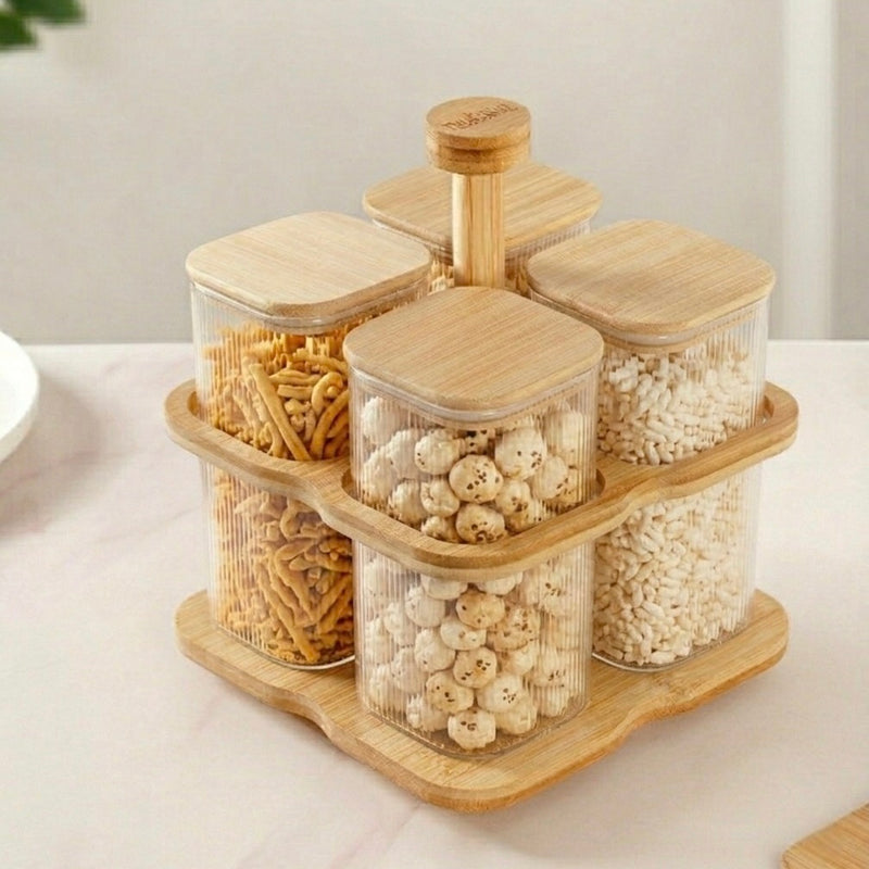 Fluted Storage Airtight Jar With Rotating Stand Set Of 5 750ml