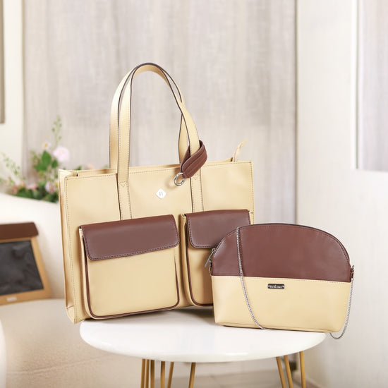 BEIGE CANVAS AND BROWN LEATHER TOTE BAG