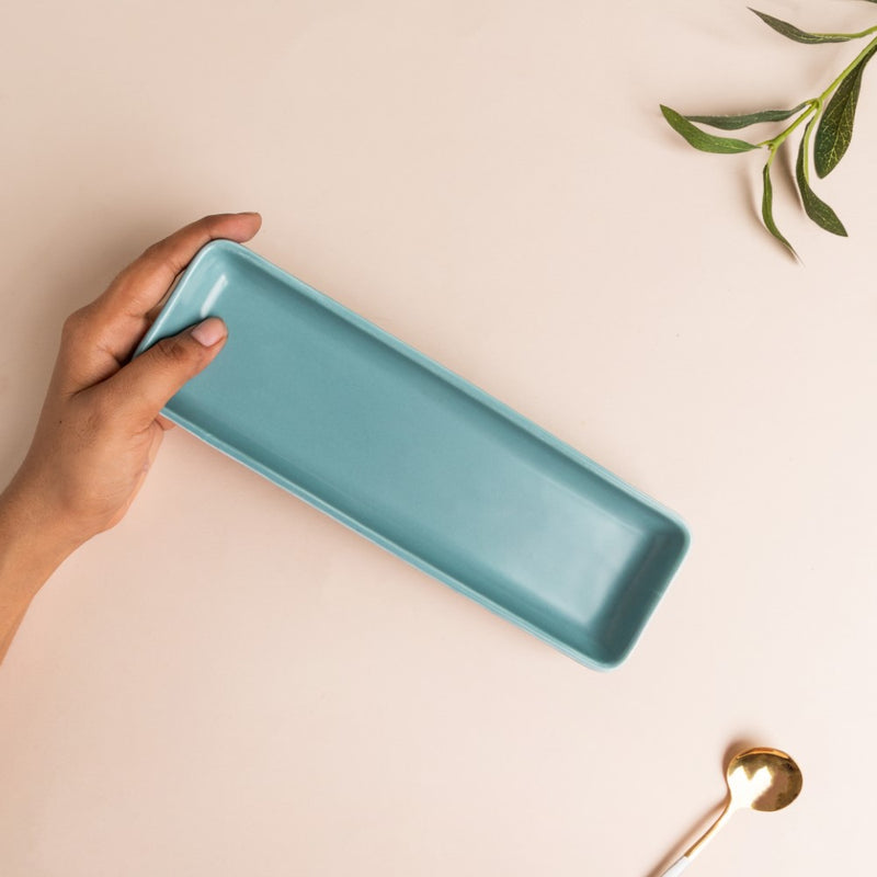 Sleek Blue Long Plate 9 Inch - Ceramic platter, serving platter, fruit platter | Plates for dining table & home decor