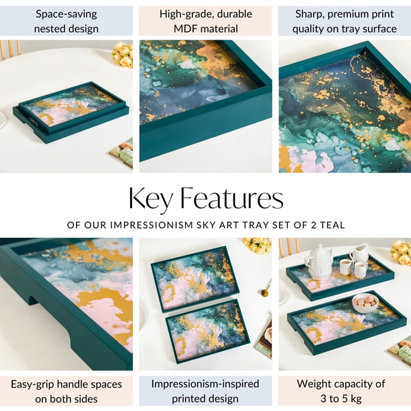 Impressionism Sky Art Tray Set Of 2 Teal Matte Gold