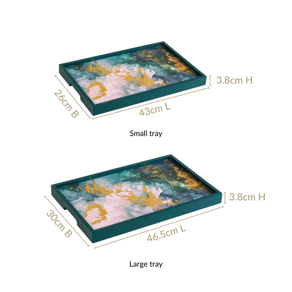 Impressionism Sky Art Tray Set Of 2 Teal Matte Gold