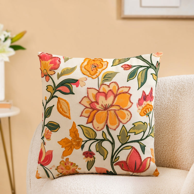 Indie Floral Embroidered Cotton Cushion Cover 40x40cm