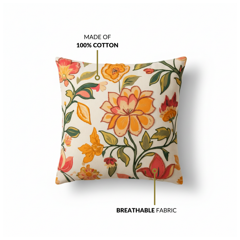 Indie Floral Embroidered Cotton Cushion Cover 40x40cm