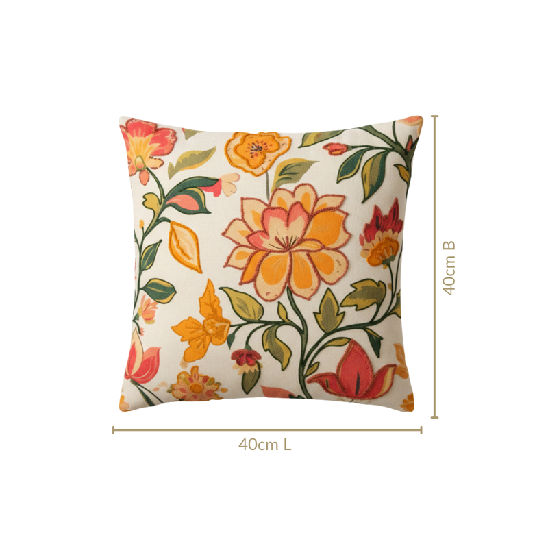 Indie Floral Embroidered Cotton Cushion Cover 40x40cm