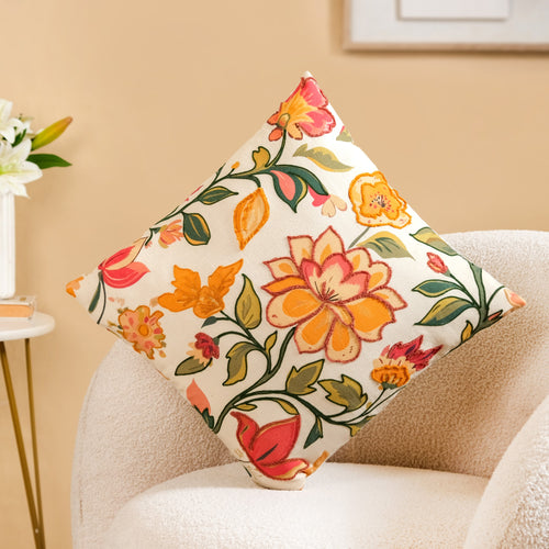 Indie Floral Embroidered Cotton Cushion Cover 40x40cm