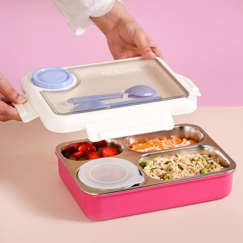 Pink 4 Grid Stainless Steel Lunch Box For Office 950ml