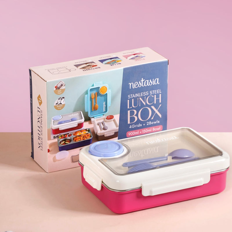 Pink 4 Grid Stainless Steel Lunch Box For Office 950ml