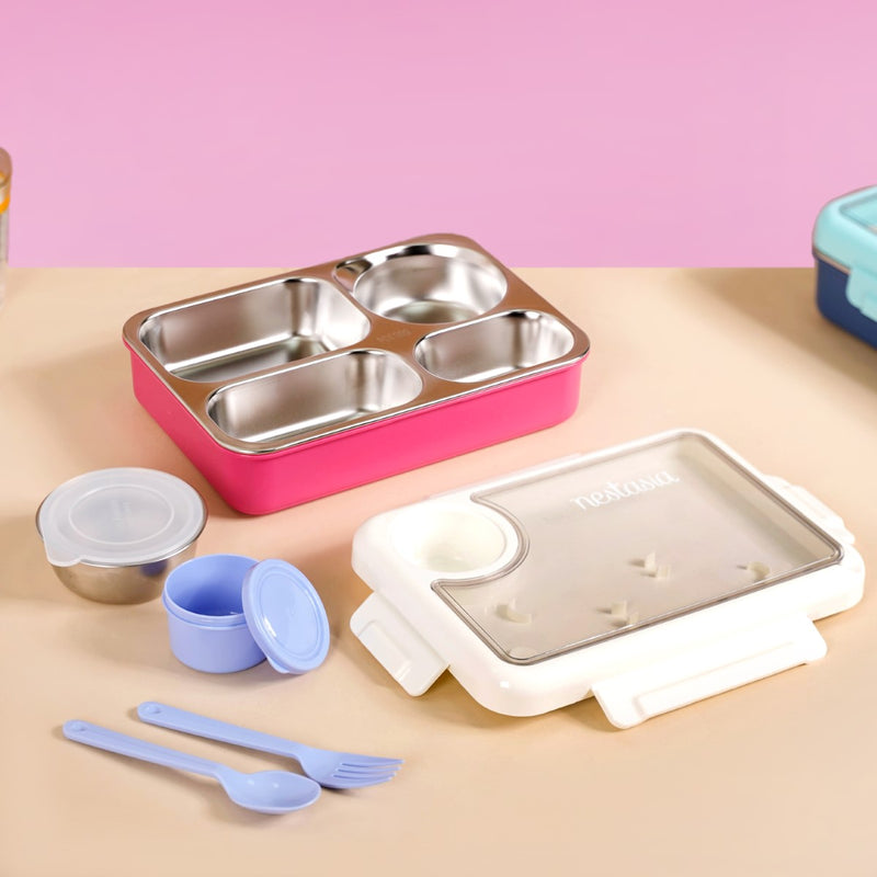Pink 4 Grid Stainless Steel Lunch Box For Office 950ml