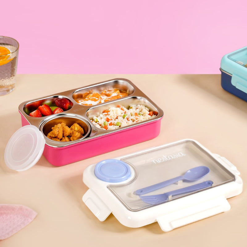 Pink 4 Grid Stainless Steel Lunch Box For Office 950ml