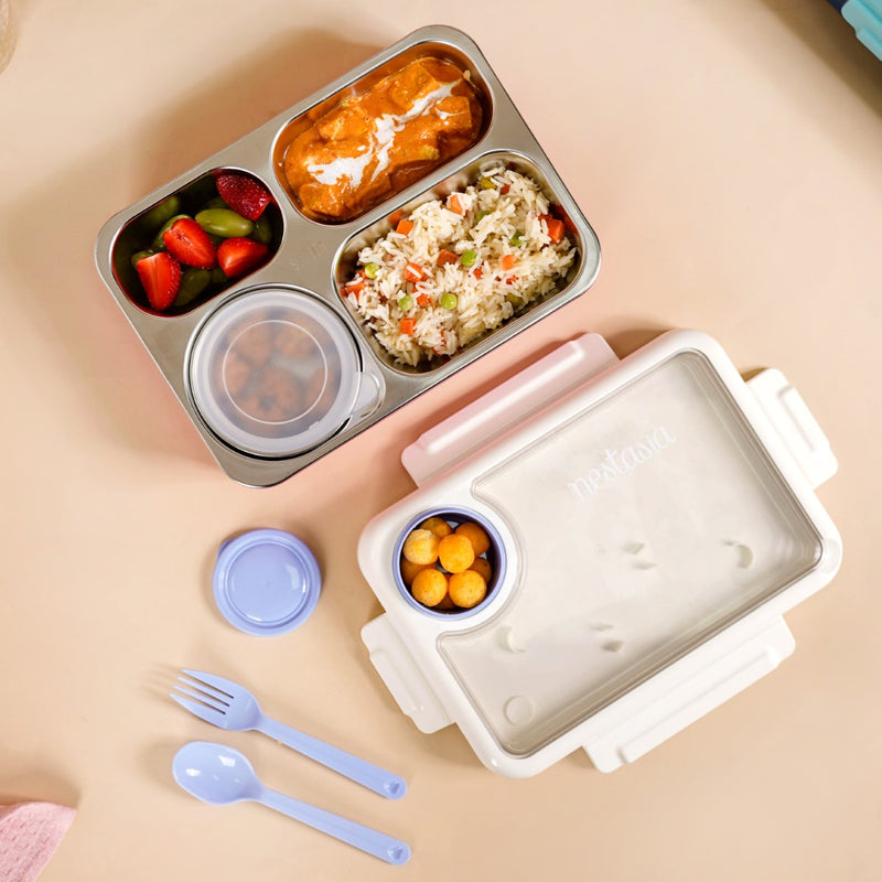 Pink 4 Grid Stainless Steel Lunch Box For Office 950ml