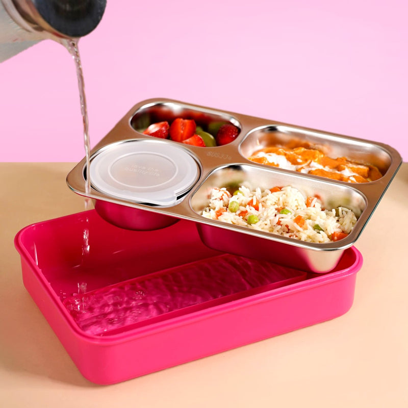Pink 4 Grid Stainless Steel Lunch Box For Office 950ml