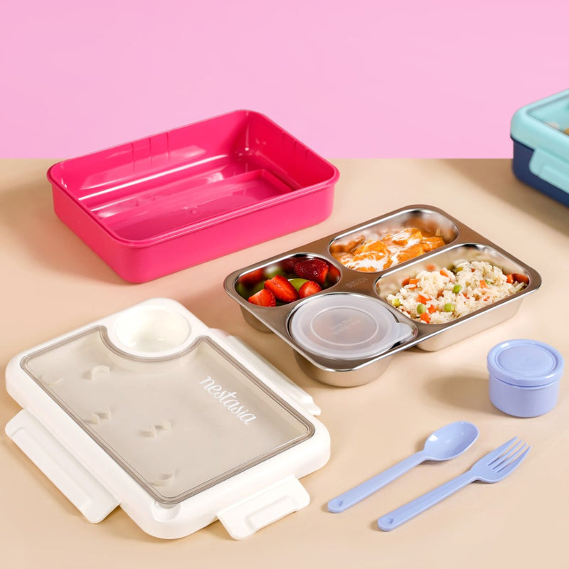 Pink 4 Grid Stainless Steel Lunch Box For Office 950ml