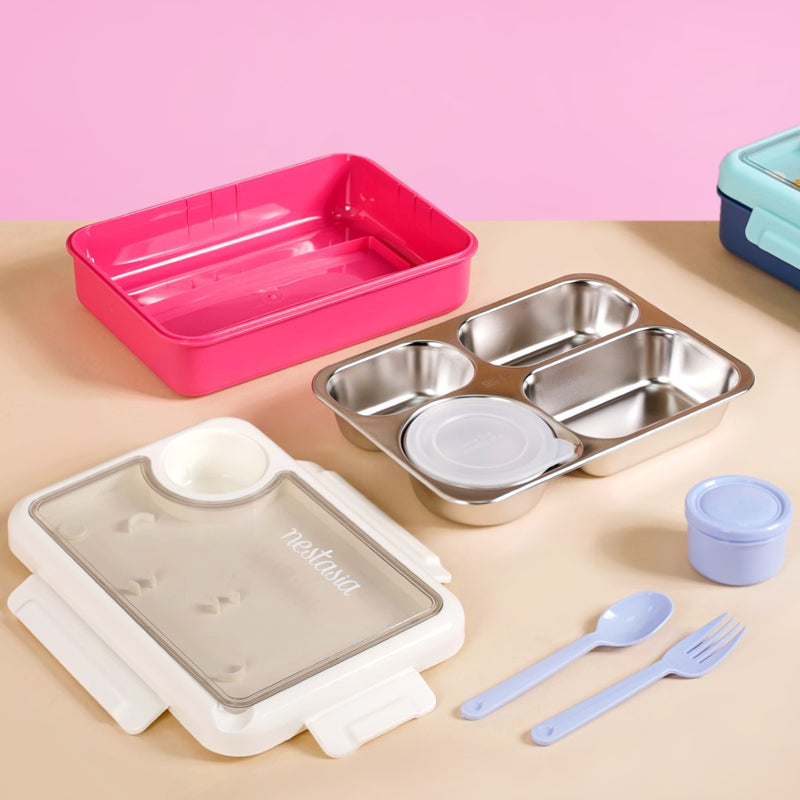 Pink 4 Grid Stainless Steel Lunch Box For Office 950ml