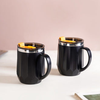 Desk Coffee Mug With Lid Set Of 2 Black 400ml - Travel mug, travel coffee mug, coffee mug, coffee mug with lid, black coffee mugs