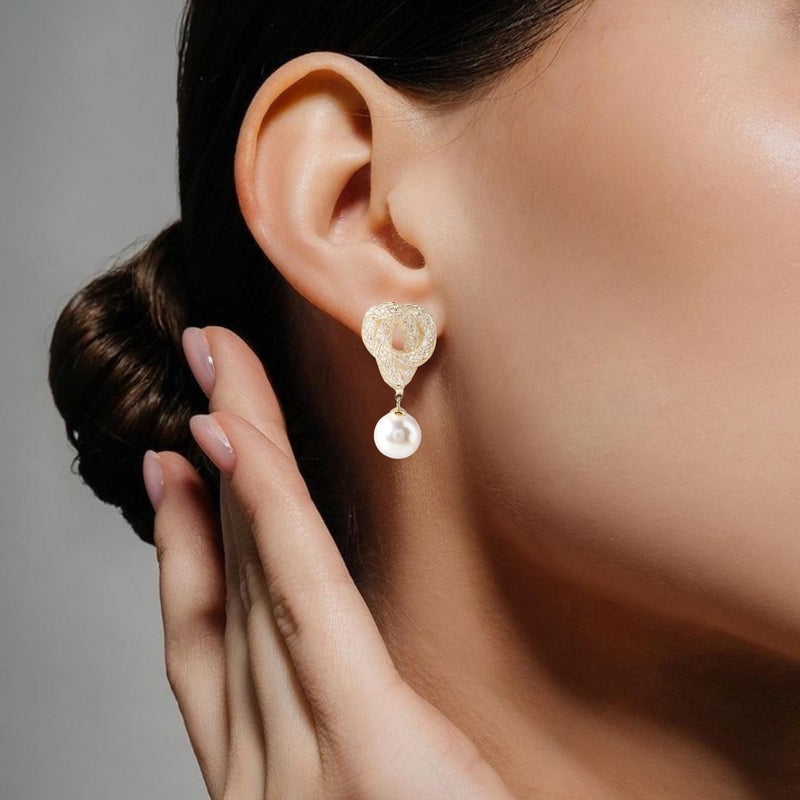 Iridescent Twist And Pearl Drop Earrings Gold