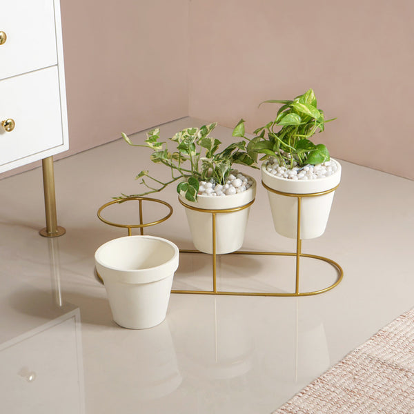 TerraGold Planters With Metal Stand Cream White