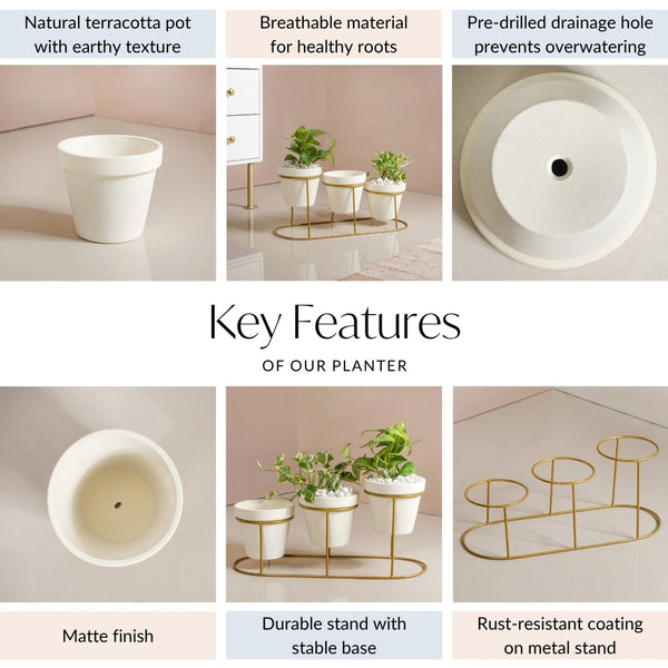 TerraGold Planters With Metal Stand Cream White
