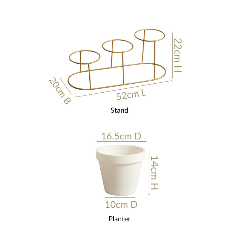 Ivory Ceramic Planters With Three Level Gold Metal Stand