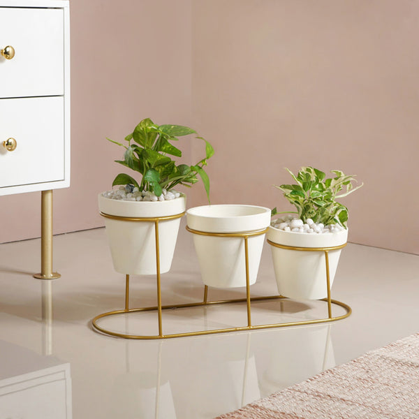 TerraGold Planters With Metal Stand Cream White