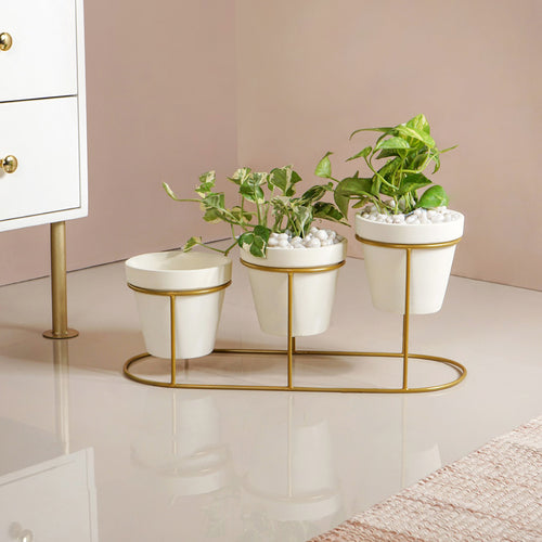 Ivory Ceramic Planters With Three Level Gold Metal Stand