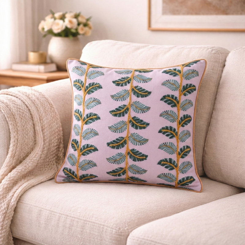 Ivy Bloom Embroidered Cotton Cushion Cover 43x43cm