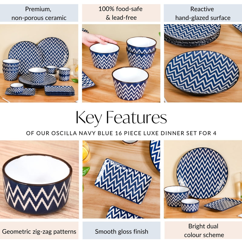 Oscilla Navy Blue 16 Piece Luxe Dinner Set For 4