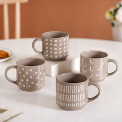 Quirky Beige Stackable Cups Set Of 4 220ml - Tea cups, tea cup set, coffee cups, coffee cup set, ceramic cups, ceramic tea cups